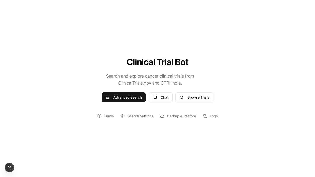 Landing page with the three entry buttons