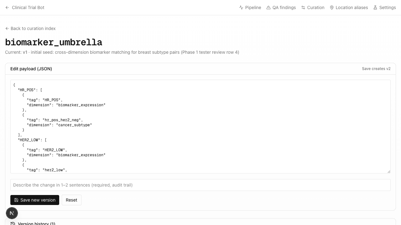 Curation editor with raw JSON + history sidebar