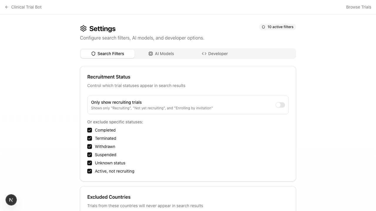 Settings page with three tabs
