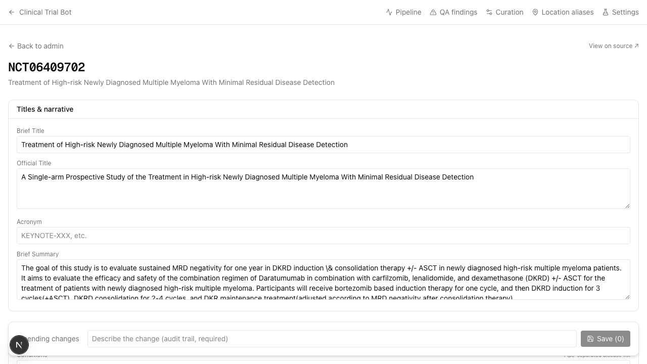 Trial editor with tag editor and column form