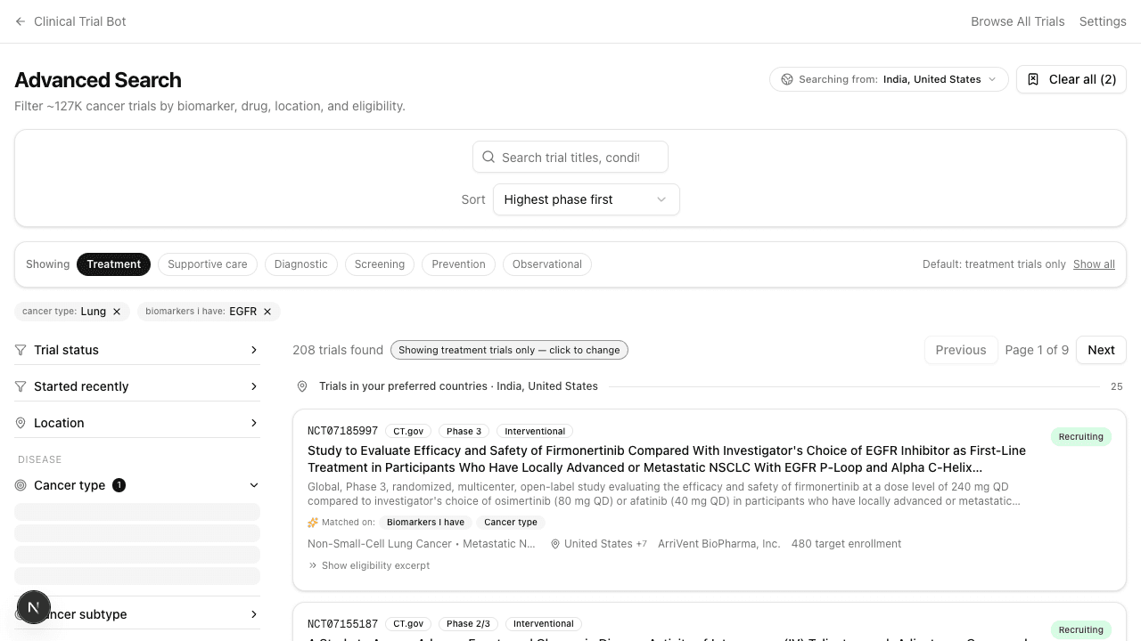 Advanced Search with EGFR lung filters applied